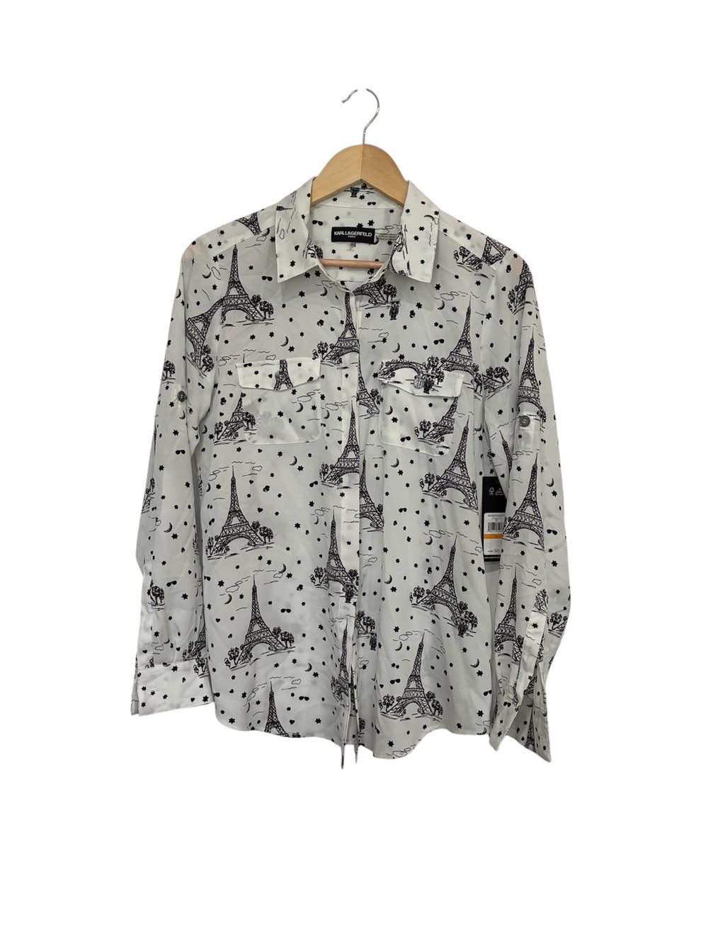 Karl Lagerfeld White Button-Down Shirt with Black Eiffel Tower Print NWT